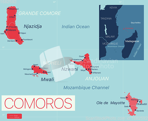 Image of Comores Islands detailed editable map