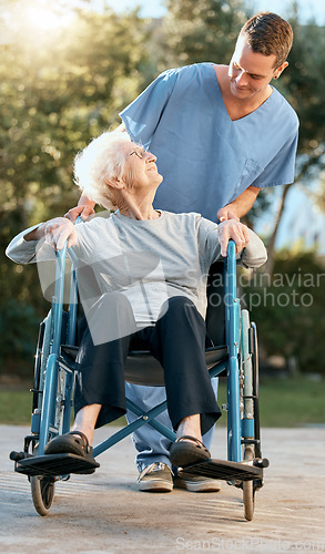 Image of Healthcare, senior and wheelchair help of a woman with elderly nursing home nurse. Person patient with mobility disability happy with retirement caregiver nursing and helping for health care