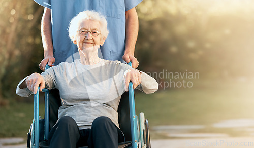 Image of Healthcare, portrait and old woman in wheelchair with nurse in nature for wellness. Outdoors, disability and retired female with medical worker for healthy sunshine or enjoying time at park or garden