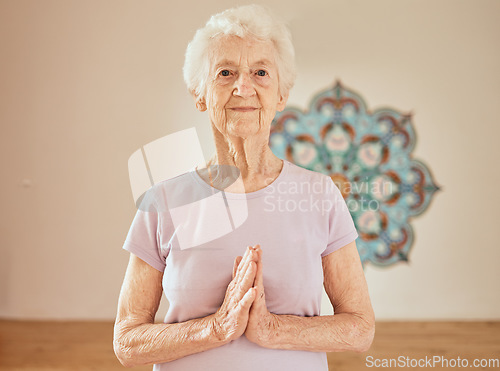Image of Yoga, meditation and senior woman with peace in the gym, zen and calm during training in Sweden. Fitness, freedom and portrait of a elderly female with exercise for mind and spiritual wellness