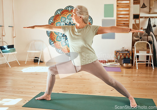 Image of Senior yoga, training and woman pilates stretching of a elderly person feeling zen and relax. Spiritual balance exercise in a wellness studio for healthy lifestyle, meditation fitness and workout