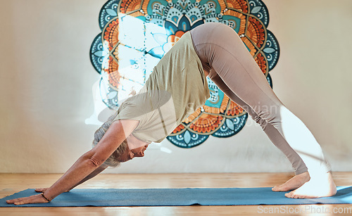 Image of Yoga, fitness and workout with a senior woman training in a studio for wellness or mental health. Exercise, holistic and stretching with a mature female yogi in a health class for active seniors