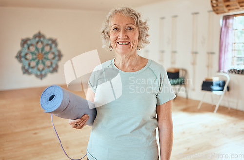 Image of Portrait, elderly woman and mat for yoga, fitness and exercise at studio, happy and relax for cardio wellness. Smile, active senior and lady instructor in training room for mediation, peace and zen