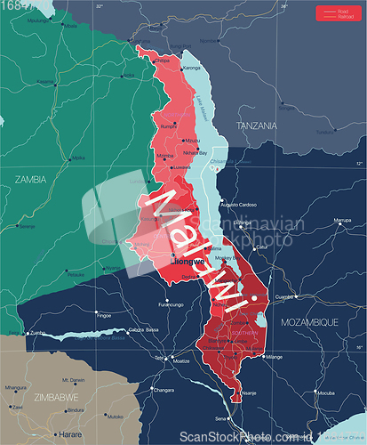 Image of Malawi country detailed editable map