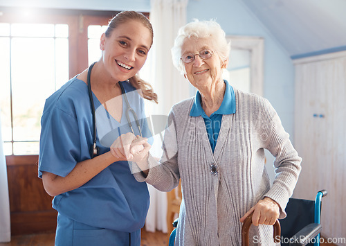 Image of Holding hands, portrait and nurse with a senior woman after medical consultation in a nursing facility. Healthcare, support and caregiver or doctor doing a checkup on elderly lady in retirement home.