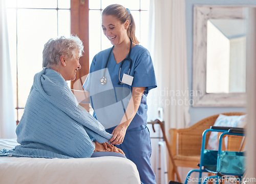 Image of Retirement, healthcare and old woman with nurse in bedroom for support, rehabilitation and disability. Help, medical and consulting with caregiver and elderly patient in nursing home for therapy