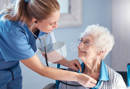 Image of Senior woman, nurse and stethoscope to check heartbeat, breathing and health of and elderly patient during nursing home or homecare consultation. Old woman with caregiver for healthcare at hospital