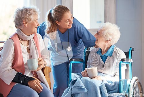 Image of Nursing home, care and nurse with senior women doing healthcare checkup, examination or consultation. Medical, conversation and elderly woman in wheelchair consulting a doctor at retirement facility.