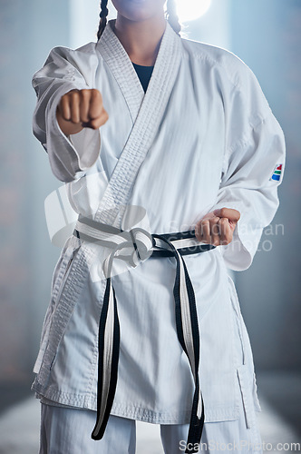 Image of Karate punch, martial arts and body of woman, battle warrior or fighter in training practice, fitness workout or fight challenge. Action, fist power and girl learning self defense for safety security