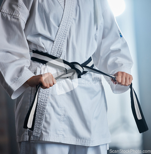 Image of Karate, fitness and fighter with martial arts in the gym, sports motivation with black belt and defense training. Health, wellness and exercise with taekwondo and strong, power and active.