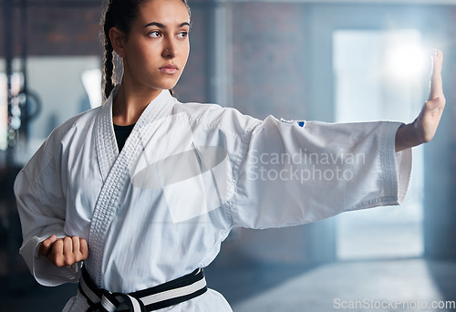 Image of Karate, fitness and sport with woman, workout and training for fight, fitness and exercise in gym. Female athlete and champion attitude for self defense, training and power exercise with motivation