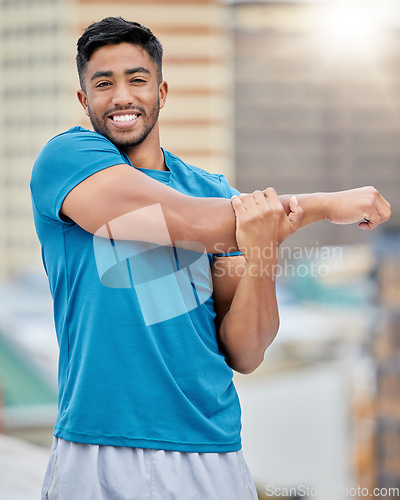 Image of Fitness, exercise and stretching with a sports man doing a warm up before a workout or training routine. Portrait, health and stretch with a male athlete getting ready for a cardio run outdoor