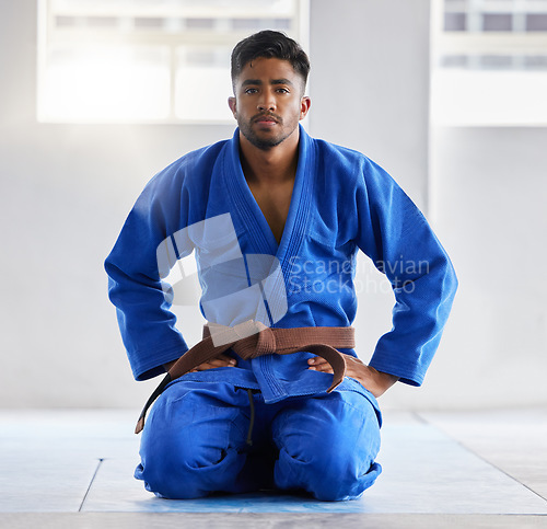 Image of Karate, training and portrait of a coach ready for martial arts, fight and self defense sport at a gym. Fitness, focus and man in a uniform with a brown belt in taekwondo at a studio for sports