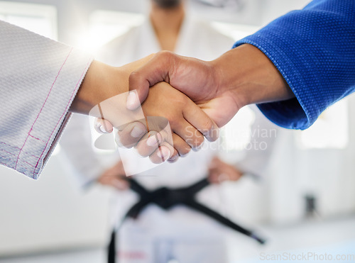 Image of Handshake, karate and sports with a man and woman fighter shaking hands in a gym, club or dojo. Fitness, exercise and thank you with a male and female athlete showing sportsmanship before a fight