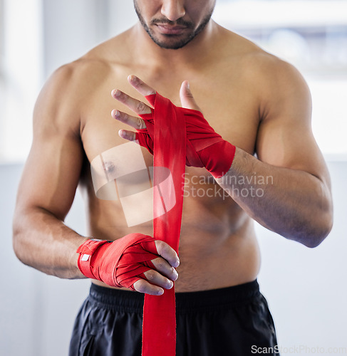 Image of Boxer, hand wrap and sports man close up ready for boxing competition, fighter match or martial arts inspiration. Training workout, mma warrior and athlete wellness motivation for fight challange