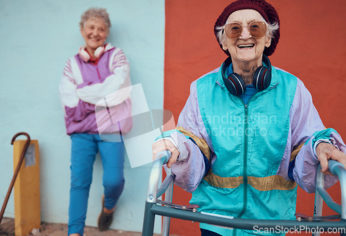 Image of Fashion, portrait and senior women with retro hip hop style, vintage clothes or 1980s disco apparel color. Retirement lifestyle, elderly recreational activity and friends with designer rap aesthetic