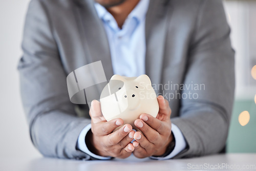 Image of Businessman, hands and piggybank for financial savings, investment or budget planning for insurance or startup. Hand in banking, finance or profit growth for investing strategy or funding on mockup