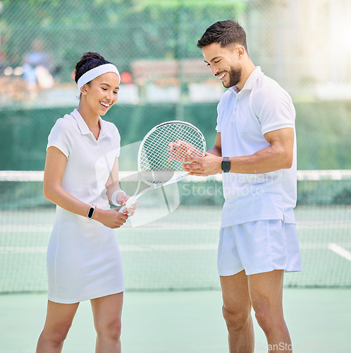 Image of Tennis, start and couple with a racket on court for training, game and sports date. Fitness, happy and man and woman with a smile for sport, exercise and fun workout for quality time in summer