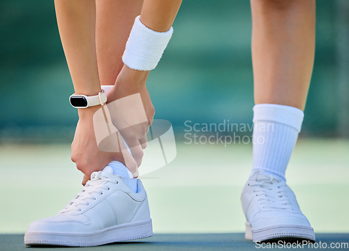 Image of Legs, woman and ankle injury for sports fitness acciedent, medical emergency or first aid wellness on court. Training workout, healthcare exercise and leg muscle pain or joint inflammation outdoor