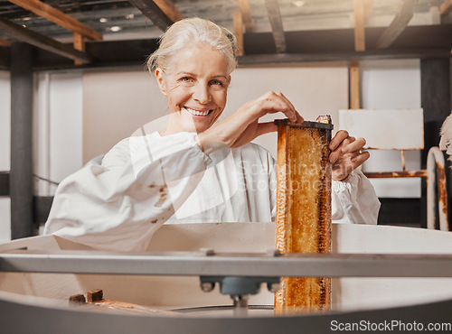 Image of Portrait, beekeeper and honey manufacturing, process and frame in agriculture factory, workshop and industry. Farmer employee, happy smile and farming production, manufacturing and honeycomb process