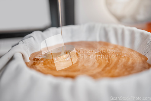 Image of Honey, pour and production in a factory on a farm for sweet, natural and organic honeycomb. Sustainable, agriculture and industry beekeeping farming processing a raw liquid product in a warehouse.