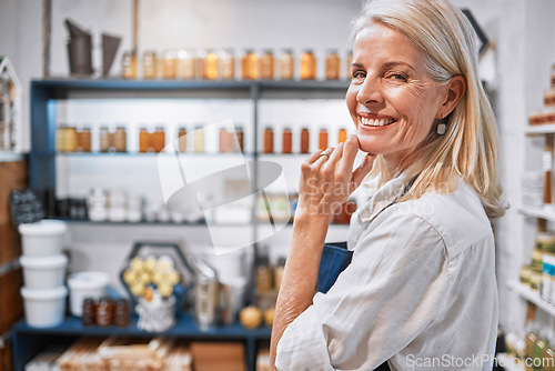 Image of Small business, senior woman and portrait of honey shop owner proud of organic product startup, vision and goal. Success, elderly lady and sustainable business boss happy, smile and enjoying career