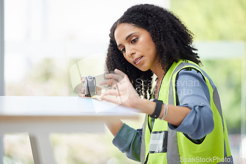 Image of Measure tape, engineer or carpenter woman building project, furniture design or home renovation measure for construction, workshop or manufacturing with worker, contractor or builder working process