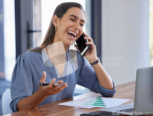 Image of Phone call, data and laughing doctor with laptop for communication of healthcare, stats and networking on a phone. Happy, medicine and nurse on a mobile and working on a pc for medical conversation