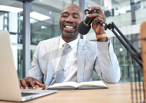 Image of Podcast communication, laptop and businessman with microphone giving bitcoin, forex or crypto economy trading advice. Radio, black man or influencer streaming feedback review of investment portfolio