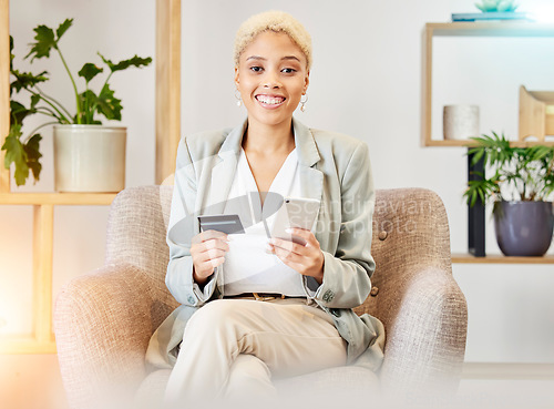 Image of Online shopping payment, credit card and black woman with phone to order business product stock. Retail ecommerce deal, fintech app or portrait of customer with finance sales card for digital banking