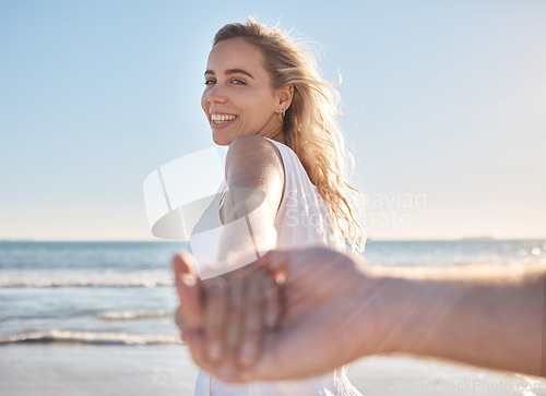 Image of Beach, love and support with a couple holding hands on a walk, relax and happy for tropical holiday. Adventure, travel and portrait of a woman with affection, care and trust for a man by the sea