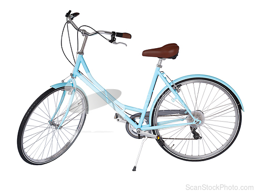 Image of Blue retro bicycle with brown saddle and handles, generic bike side view