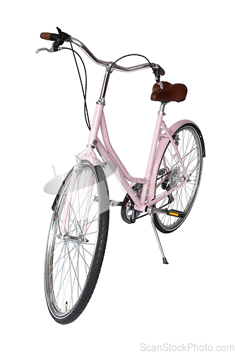 Image of Pink retro bicycle with brown saddle and handles, generic bike front view