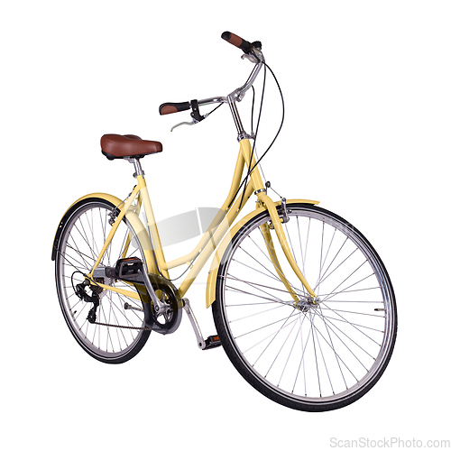 Image of Yellow retro bicycle with brown saddle and handles, generic bike side view