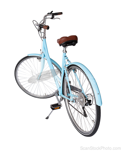 Image of Blue retro bicycle with brown saddle and handles, generic bike back view