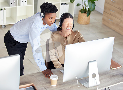 Image of Black man, woman or computer call center training in crm consulting, b2b sales telemarketing or customer support office. Smile, happy or talking intern receptionist on technology with mentor question