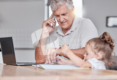 Image of Phone call, senior man and girl at a table, working, remote and multitasking while drawing, bonding and checking email. Elderly businessman freelancing while enjoying a fun activity with grandchild