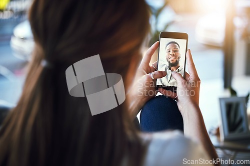 Image of Phone, video call and woman speaking to man with zoom screen communication app with 5g network or home wifi connection. Black couple having virtual conversation using technology for online date chat