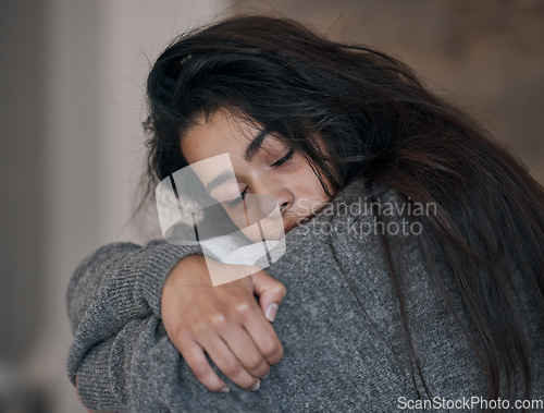 Image of Woman, sad or depression in house, home or mental health asylum with bipolar disorder, grief or loss. Anxiety, burnout or psychology stress for person in counseling, wellness therapy or suicide watch