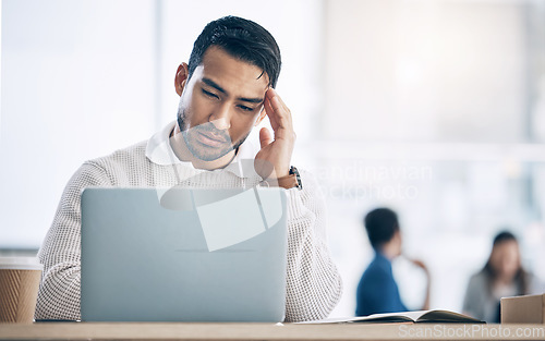 Image of Headache, businessman and laptop, stress and burnout, tech glitch or mental health problem at office desk. Frustrated, confused and anxiety worker, computer and online mistake, tax crisis and failure