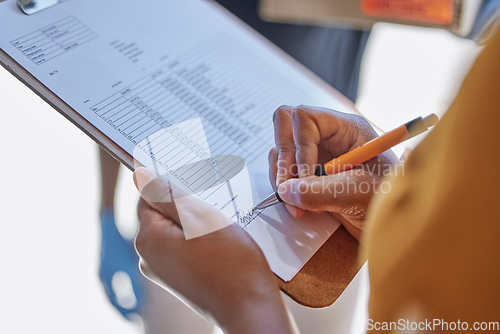 Image of Closeup, clipboard and woman writing for delivery, ecommerce and logistics for sales service. Invoice checklist, customer signature and shipping product to client in home for e commerce supply chain