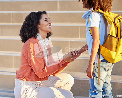 Image of Mother, child and back to school for education, learning or childhood development at the academy. Mom, kid and holding hands with smile saying goodbye to son by steps ready to learn with backpack