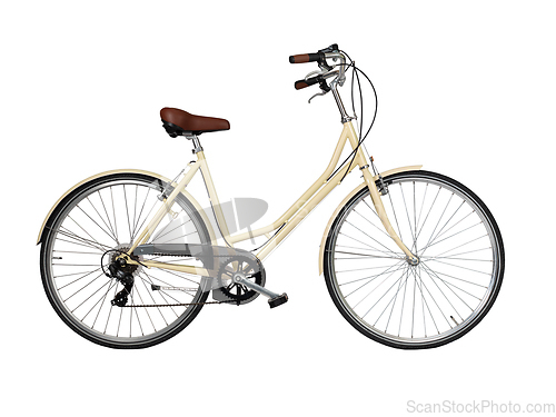 Image of Yellow retro bicycle with brown saddle and handles, generic bike side view