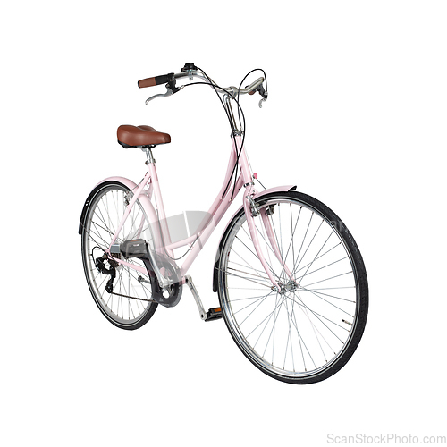 Image of Pink retro bicycle with brown saddle and handles, generic bike side view