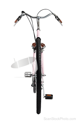 Image of Pink retro bicycle with brown saddle and handles, generic bike front view