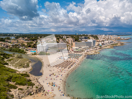 Image of Cityscape and beach drone landscape panorama Can Picafort Mallorca Spain.