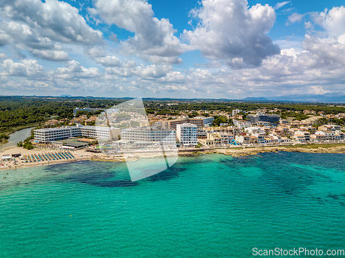 Image of Cityscape and beach drone landscape panorama Can Picafort Mallorca Spain.