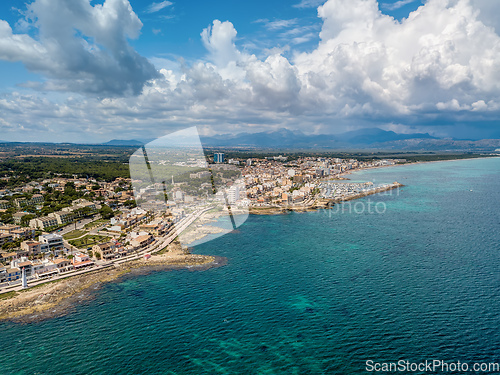 Image of Cityscape and beach drone landscape panorama Can Picafort Mallorca Spain.