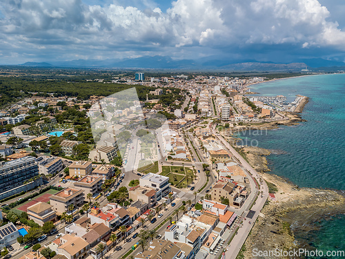 Image of Cityscape and beach drone landscape panorama Can Picafort Mallorca Spain.