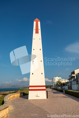 Image of Small Lighthouse on promenade. Can Picafort Beach. Balearic Islands Mallorca Spain.